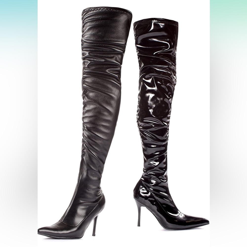 Tried On Only Ellie Shoes Lala Ruched Thigh High Boots (Black Patent) Adult